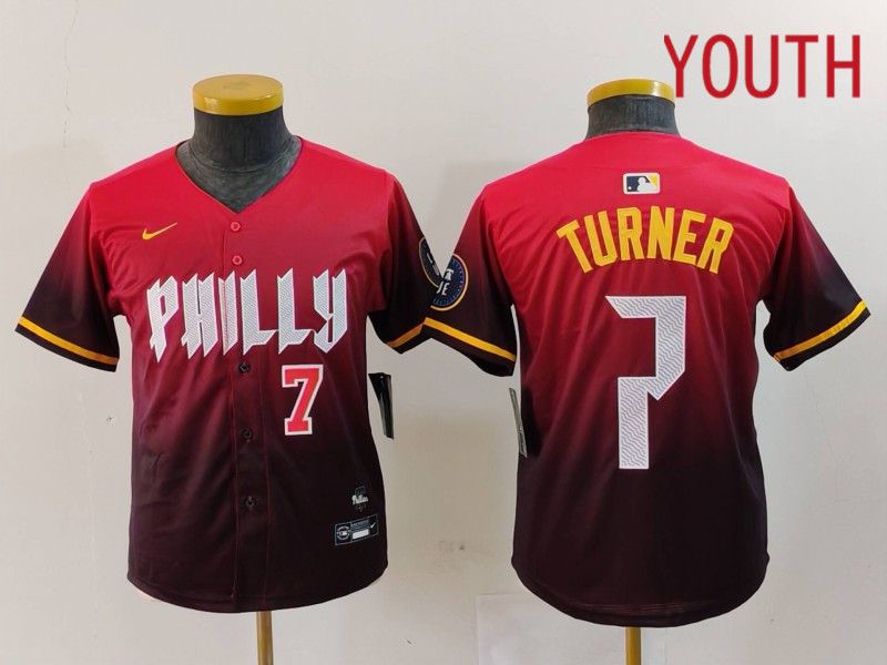 Youth Philadelphia Phillies #7 Turner Red City Edition 2024 Nike MLB Jersey style 3->youth mlb jersey->Youth Jersey
